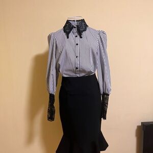 Chic Striped Blouse with Lace Details